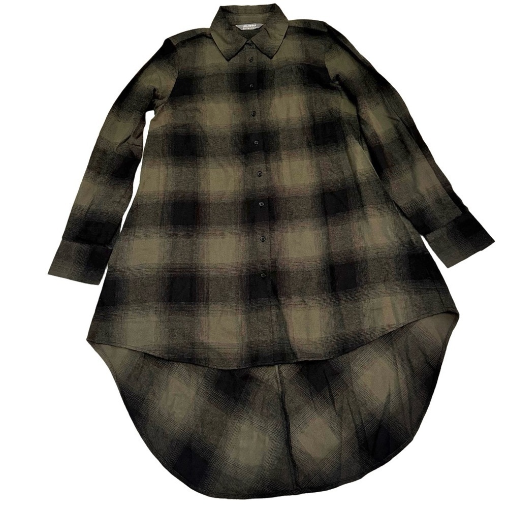 Lisa Rinna Collection Plaid Button Front Hi-LoHem Top Size XXS Olive Green Black